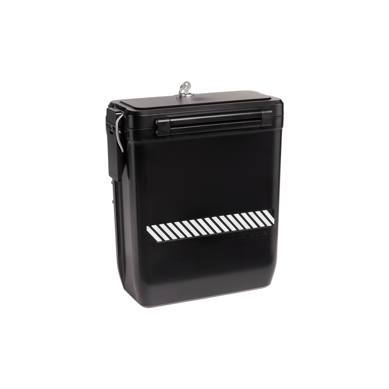 The Hardshell Locking Pannier is a durable plastic storage box with a reflective stripe on the side, locks with 2 included keys.